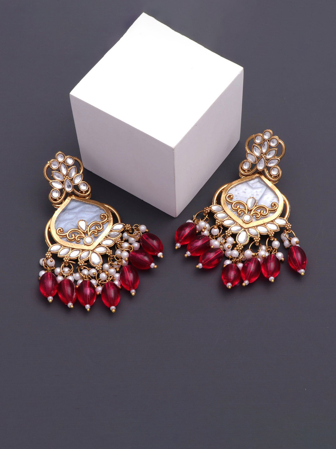 CAPILITE Jewellers Brass-Plated Kundan Studded & Pearls Beaded Contemporary Drop Earrings
