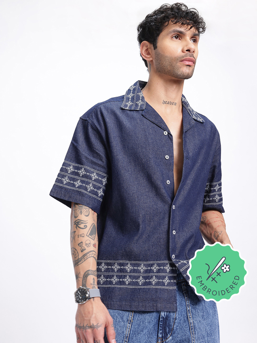 glitchez Embroidered Denim Shacket Oversized Shirt