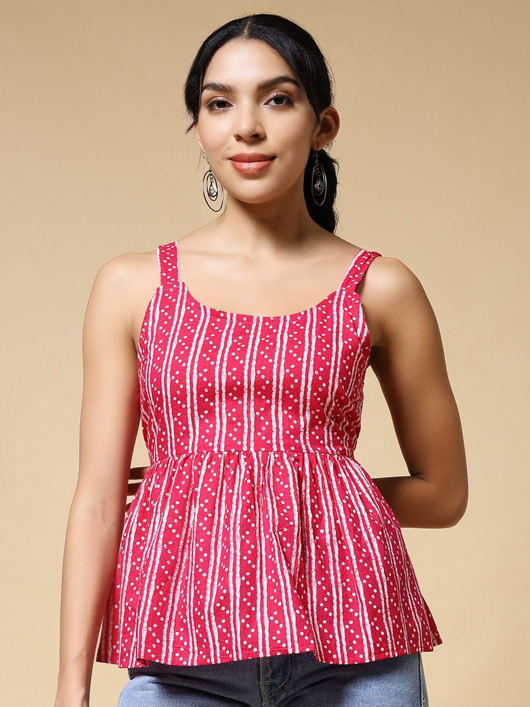 Istyle Can Women Pink Bandhani Striped Cotton Peplum Top