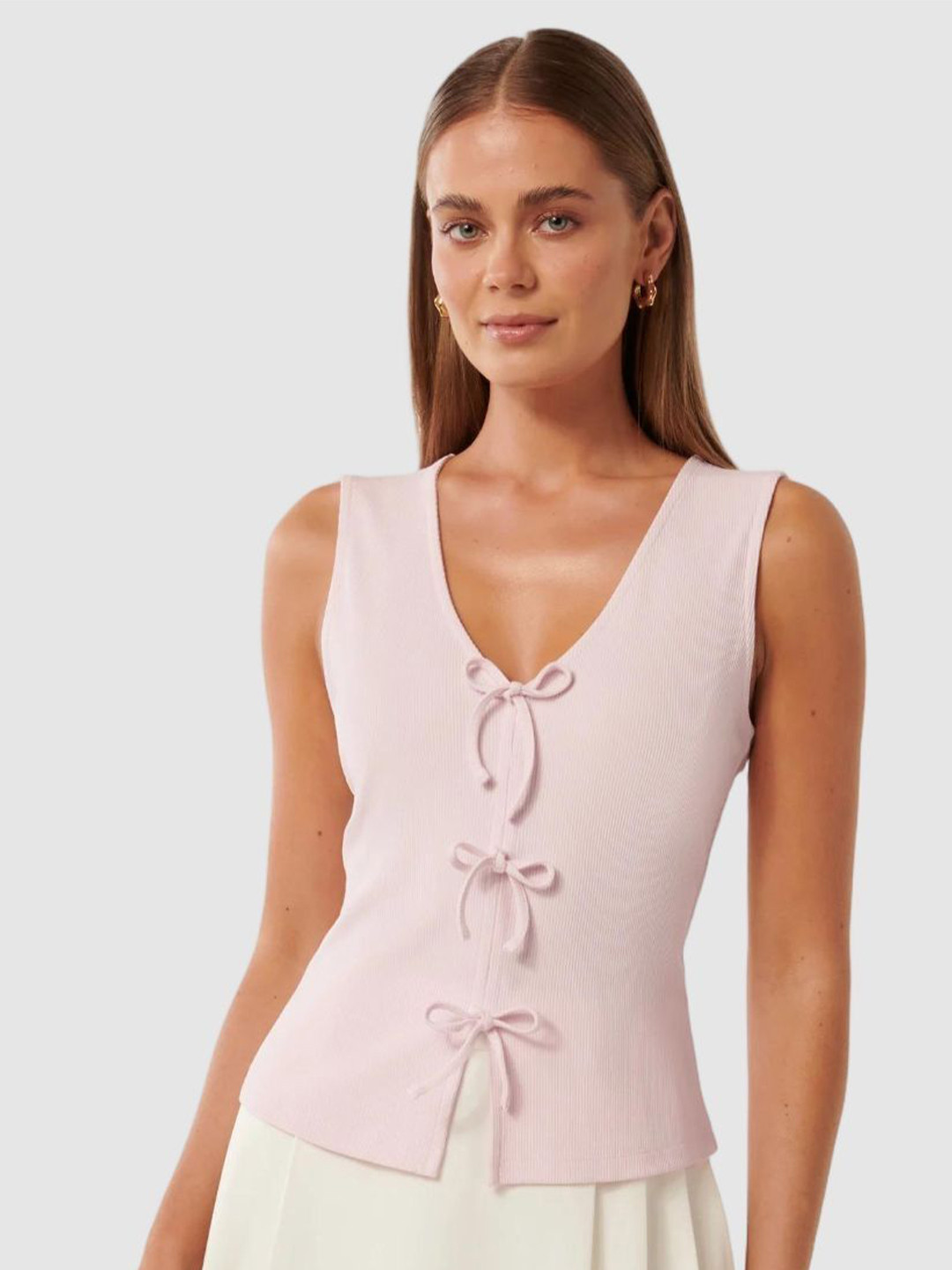 Forever New Women Vertical Stripes Striped Bow Tank Top