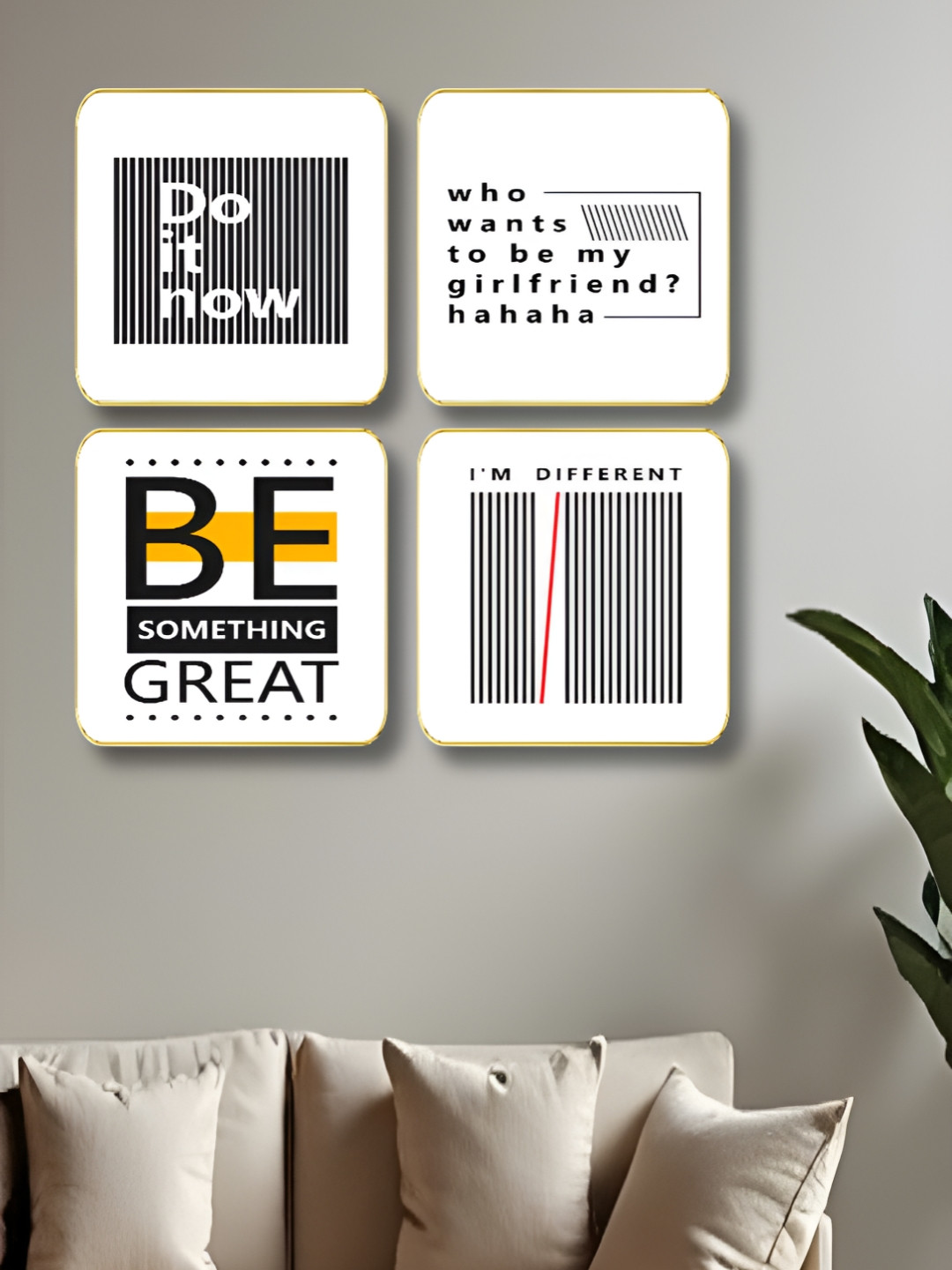 Livin'luxe White & Yellow 4 Pieces Barcode Style Modern Motivational Wall Arts