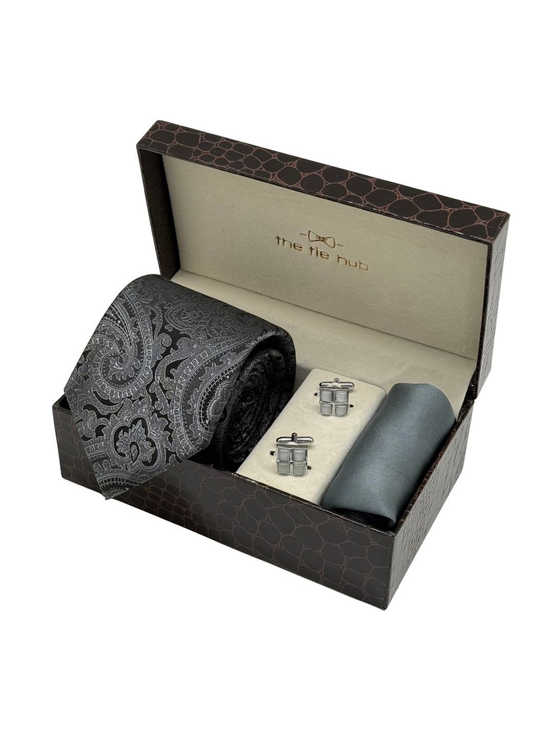 The Tie Hub Men Pack Of 3 Paisley Printed Necktie With Cufflinks And Pocket Square Combo