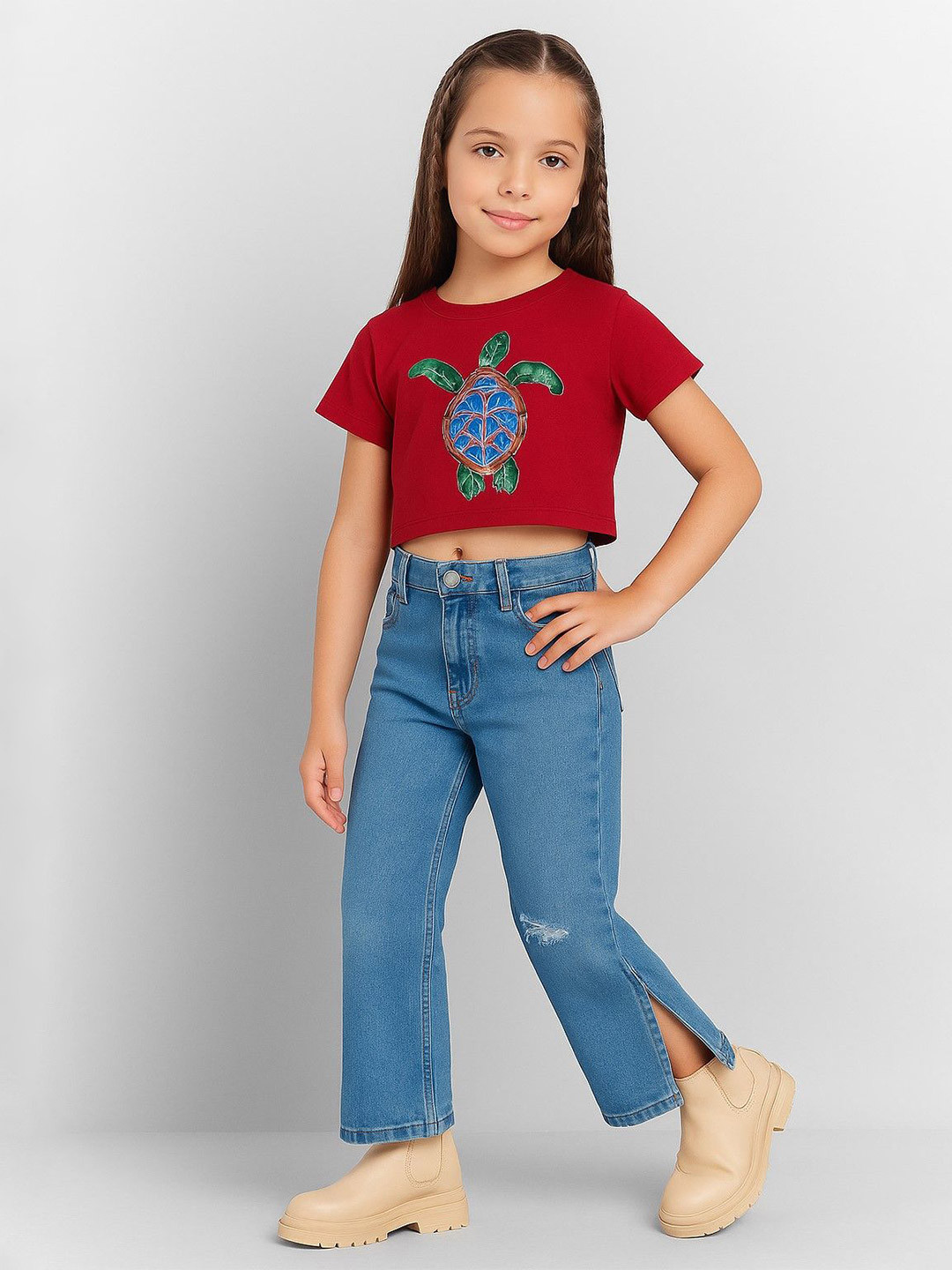 Baawri Girls Turtle Print Round Neck Slim Fit Crop Casual T-Shirt