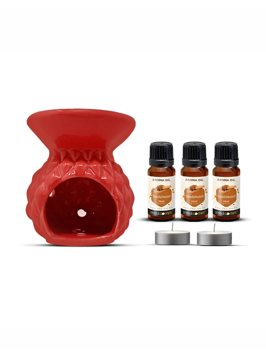 PEEPALCOMM 6Pcs Red Textured Ceramic T-light Aroma Diffuser With Sandalwood Oils - 15 ml