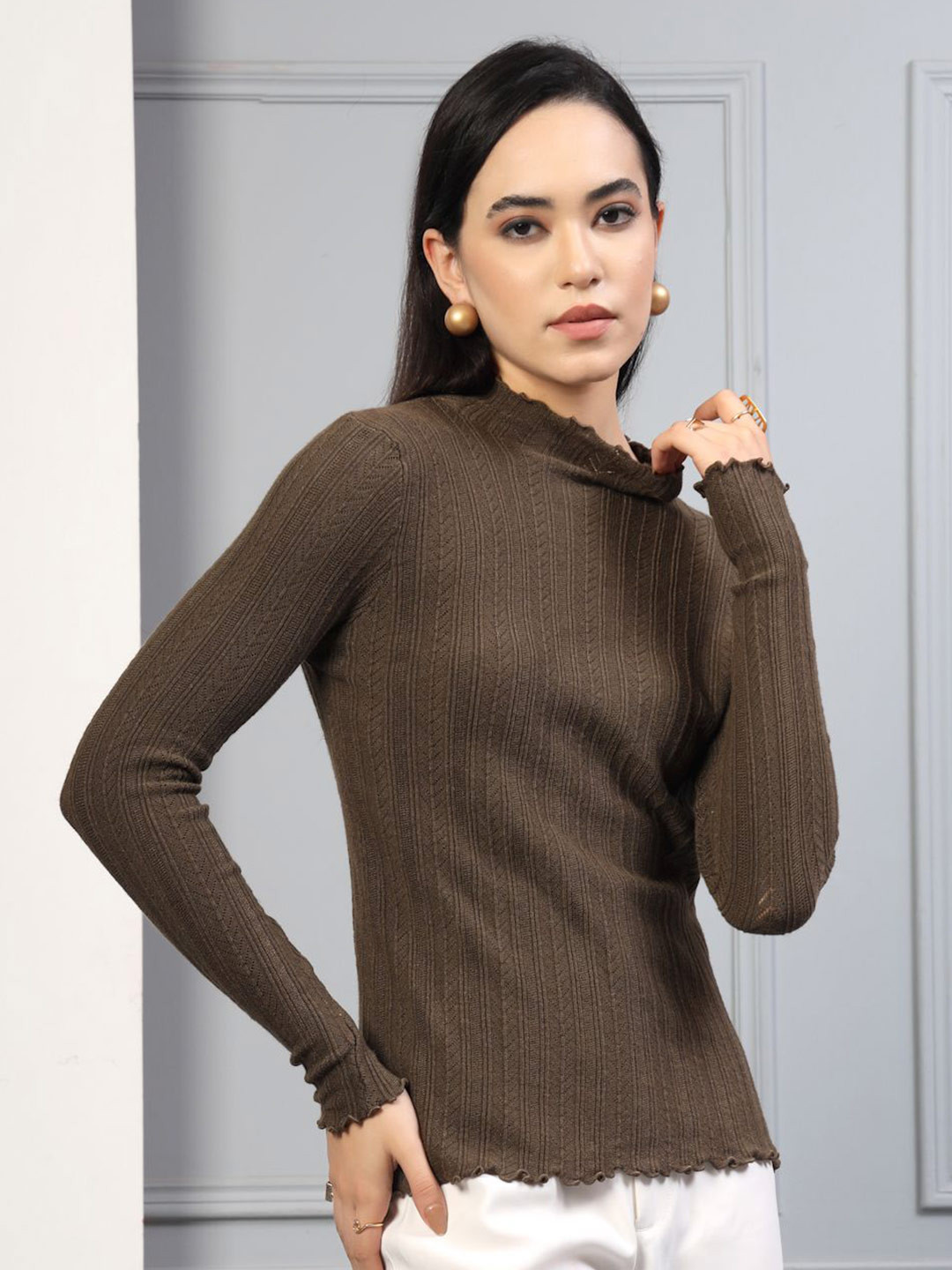 Mafadeny Women Ribbed Sweater with Ruffled Neck and Sleeves