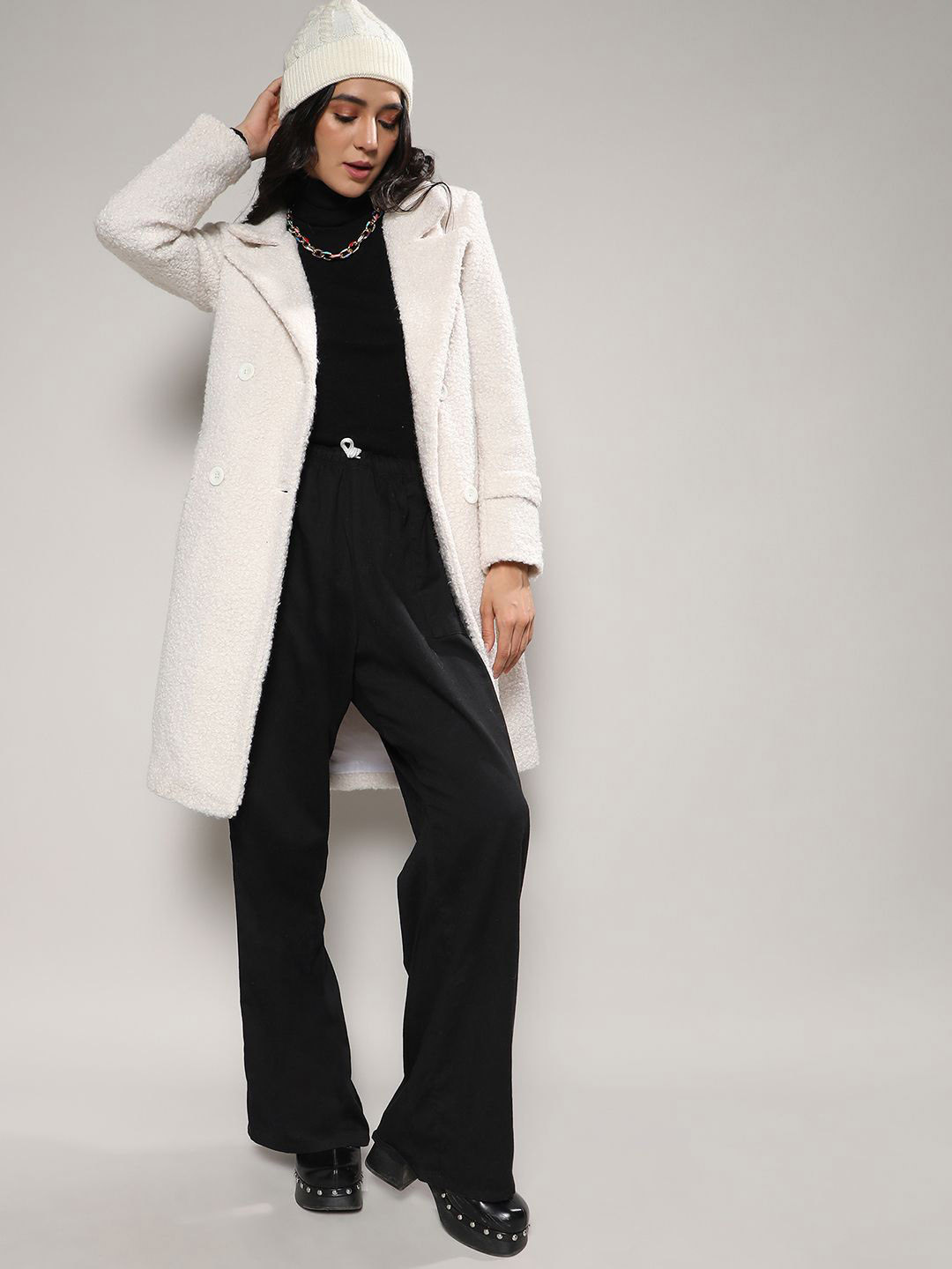 PINACOLADA Double-Breasted Sherpa Long Coat