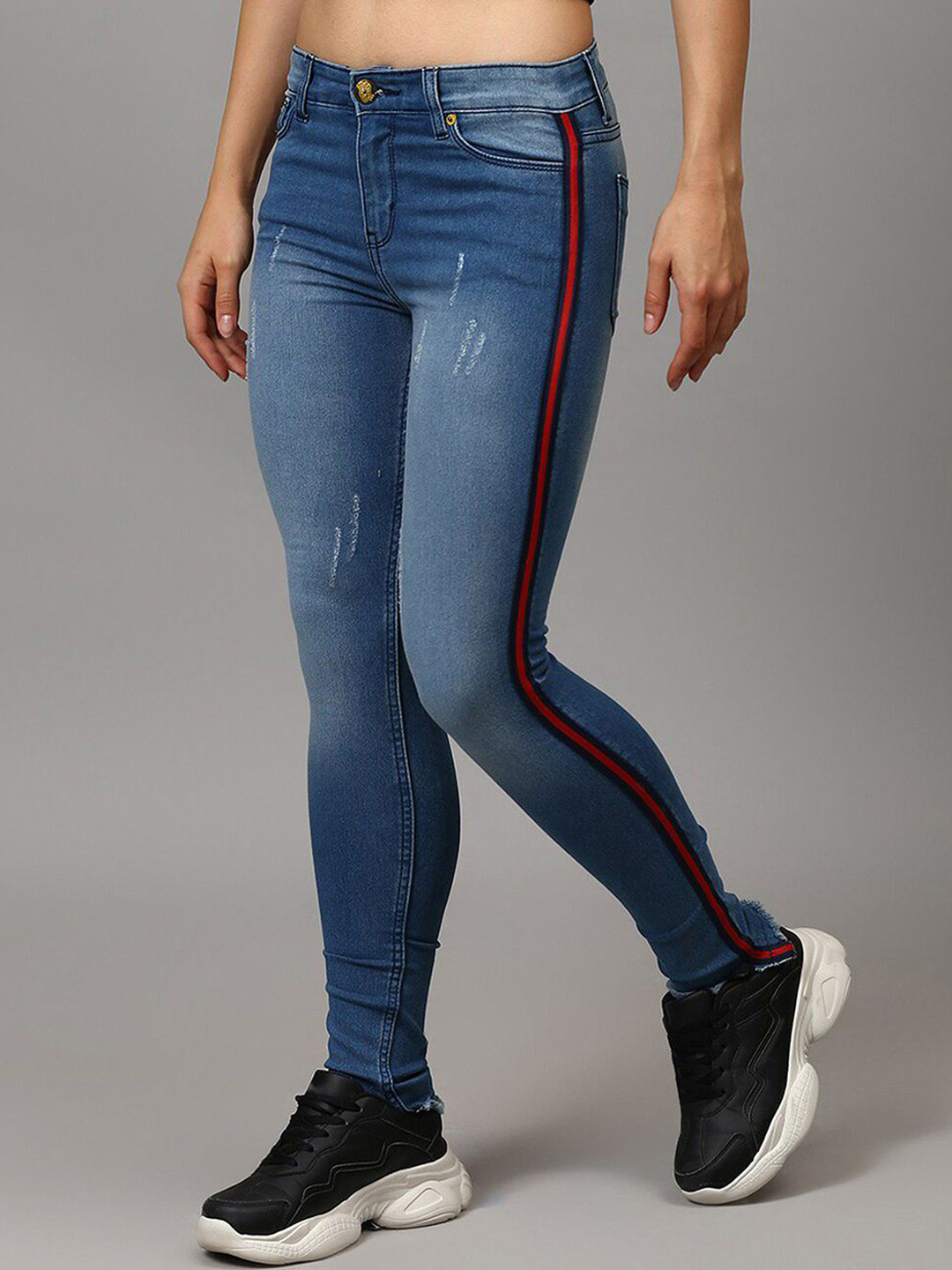 PINACOLADA Women Comfort Skinny Fit Low-Rise Low Distressed Side-Striped Denim Jeans