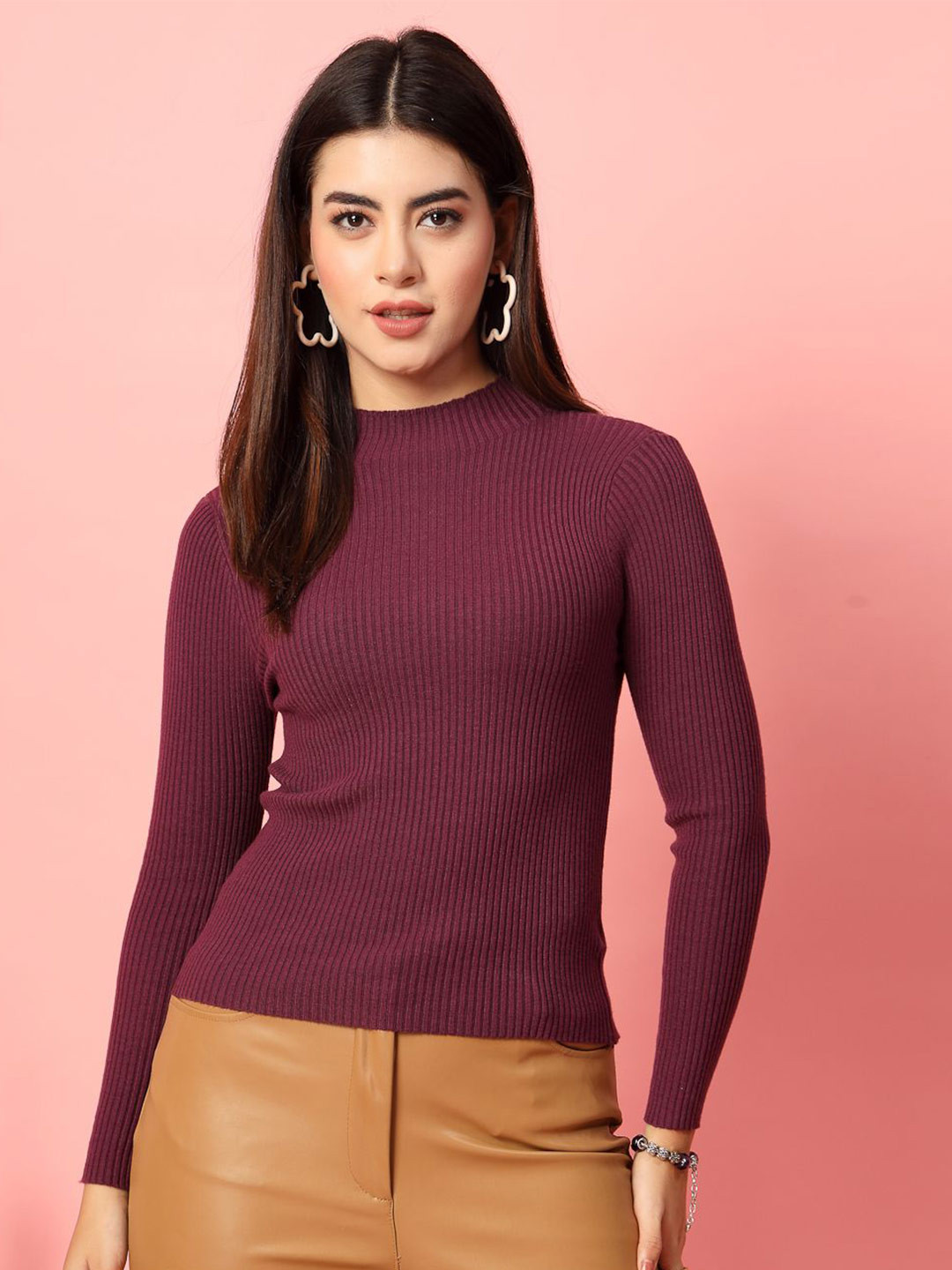 Mafadeny Women Ribbed High Neck Long Sleeves Top
