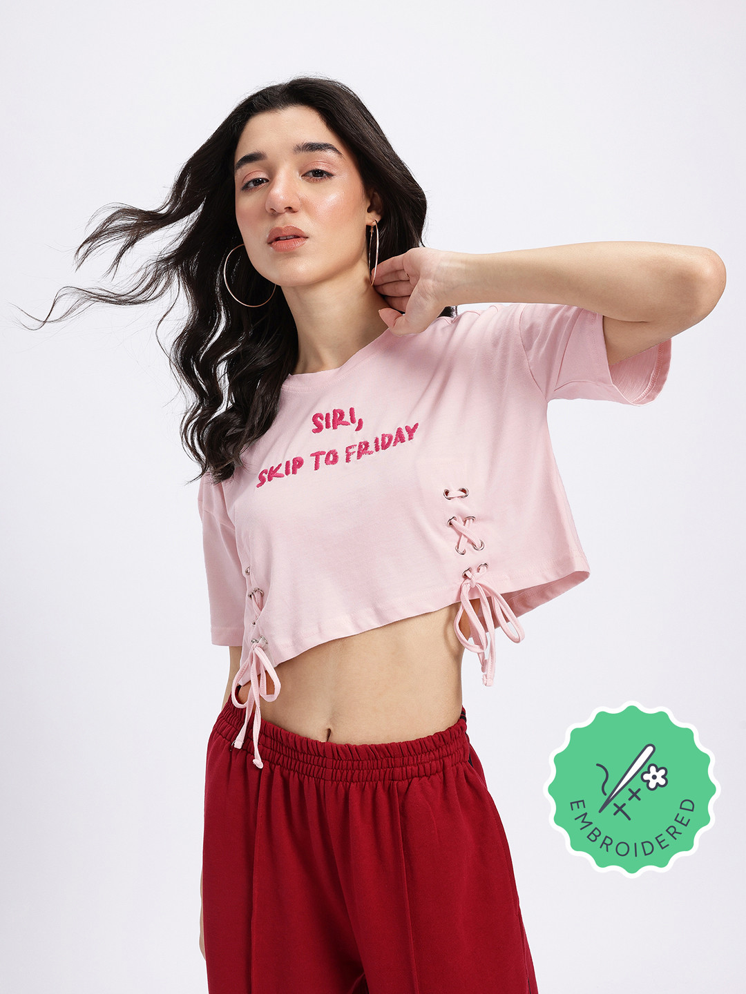 glitchez Typographic Rizz Embroidered Drop-Sleeves Crop Boxy Fit T-shirt with Lace-Ups