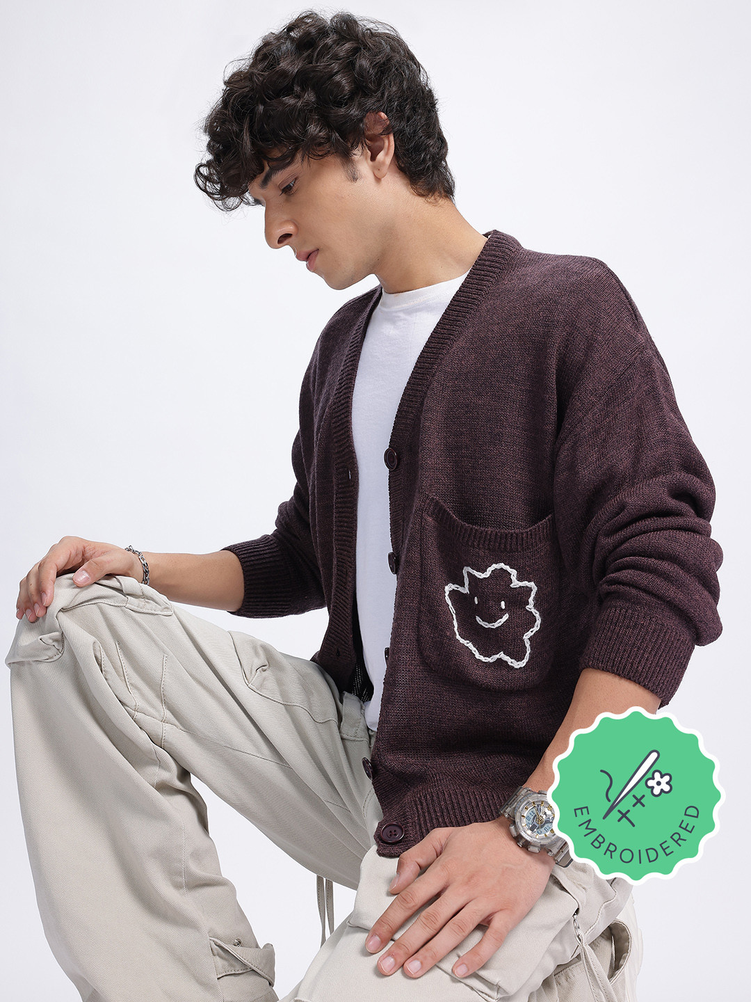 glitchez Knit & Embroidered Pocket Cardigan