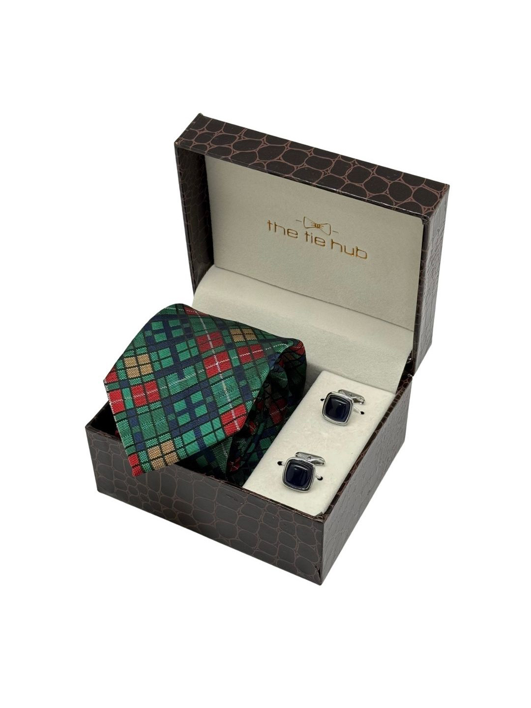 The Tie Hub Men Checkered Necktie with Blue Square Cufflinks Accessory Gift Set