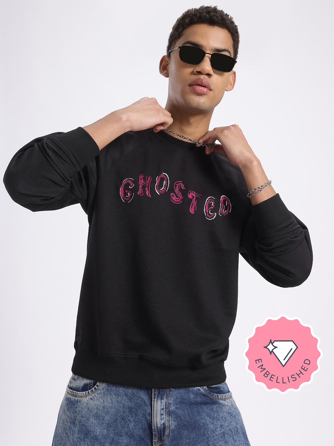 glitchez Typo Knit Raglan Sleeves Sweatshirt