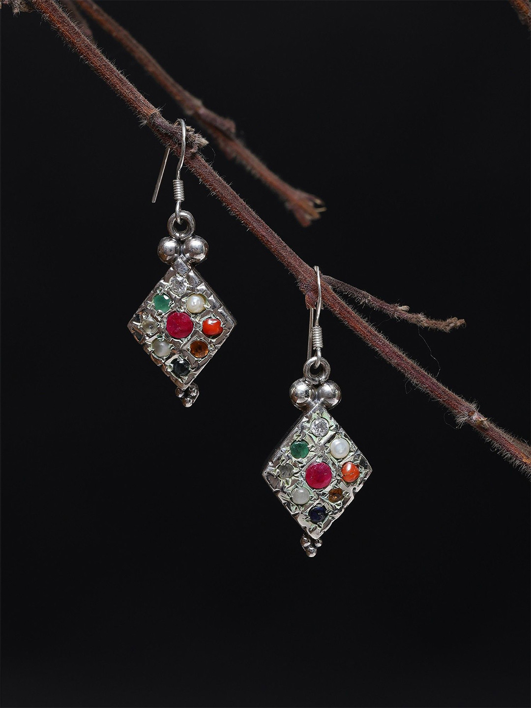 Exotic India Sterling Silver Diamond Shaped Navaratna Studded Drop Earrings