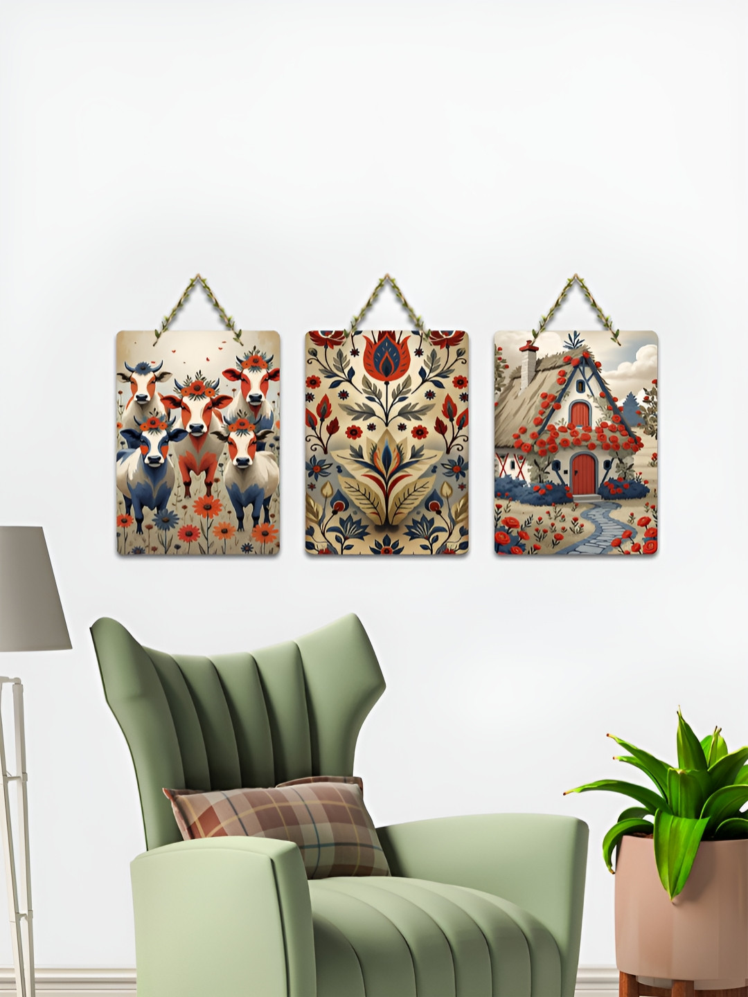 ArtVibes Beige & Red 3 Pieces Whimsical Countryside Printed Wooden Wall Hanging Decors