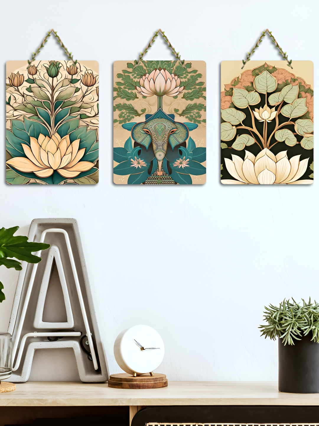 ArtVibes Green & Beige 3 Pieces Floral Printed Wooden Wall Hanging Decors
