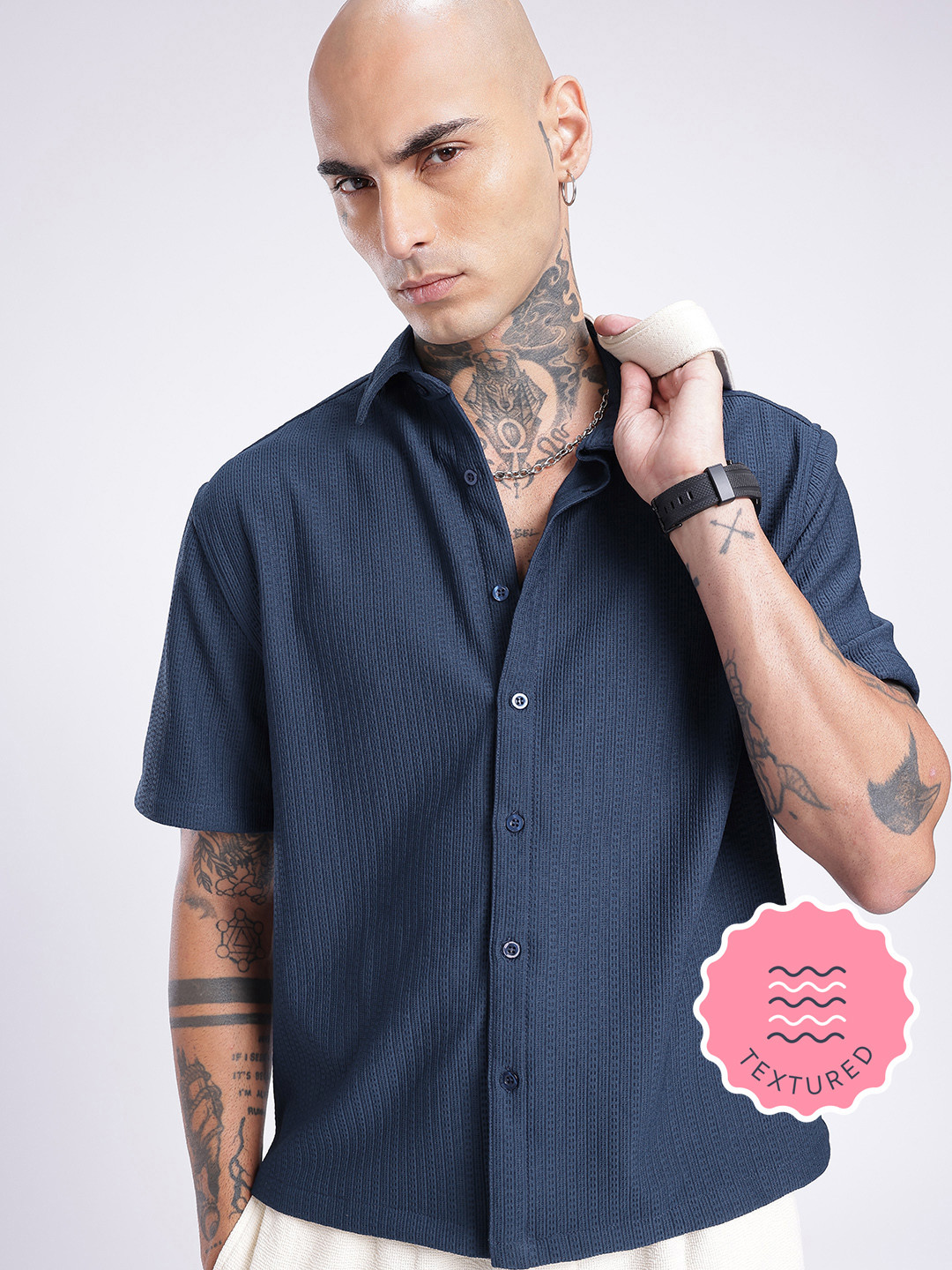 glitchez Relaxed Self Design Textured Casual Shirt