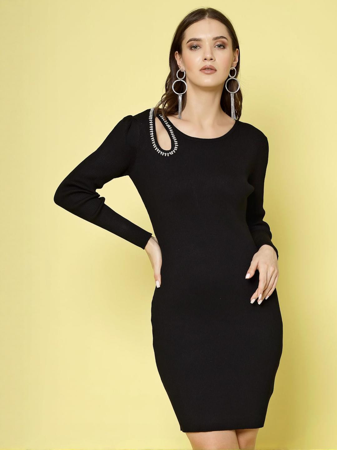 Mafadeny Women's Round Neck Bodycon Dress with Rhinestone Shoulder Cutout