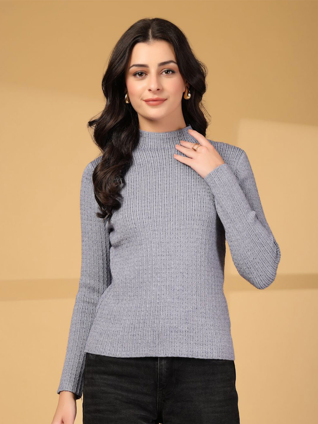 Mafadeny Women Ribbed Knit High Neck Sweater
