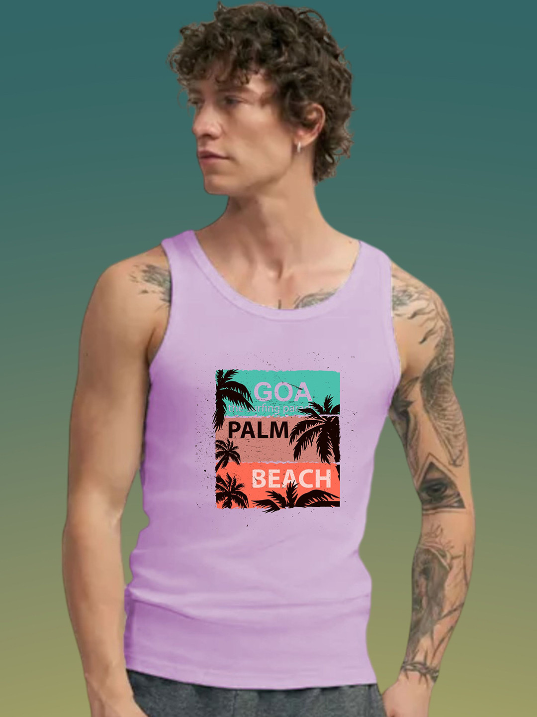 Uniplanet store Printed Scoop Neck Gym Vest UVM-GOA-PALM-PRPL-S