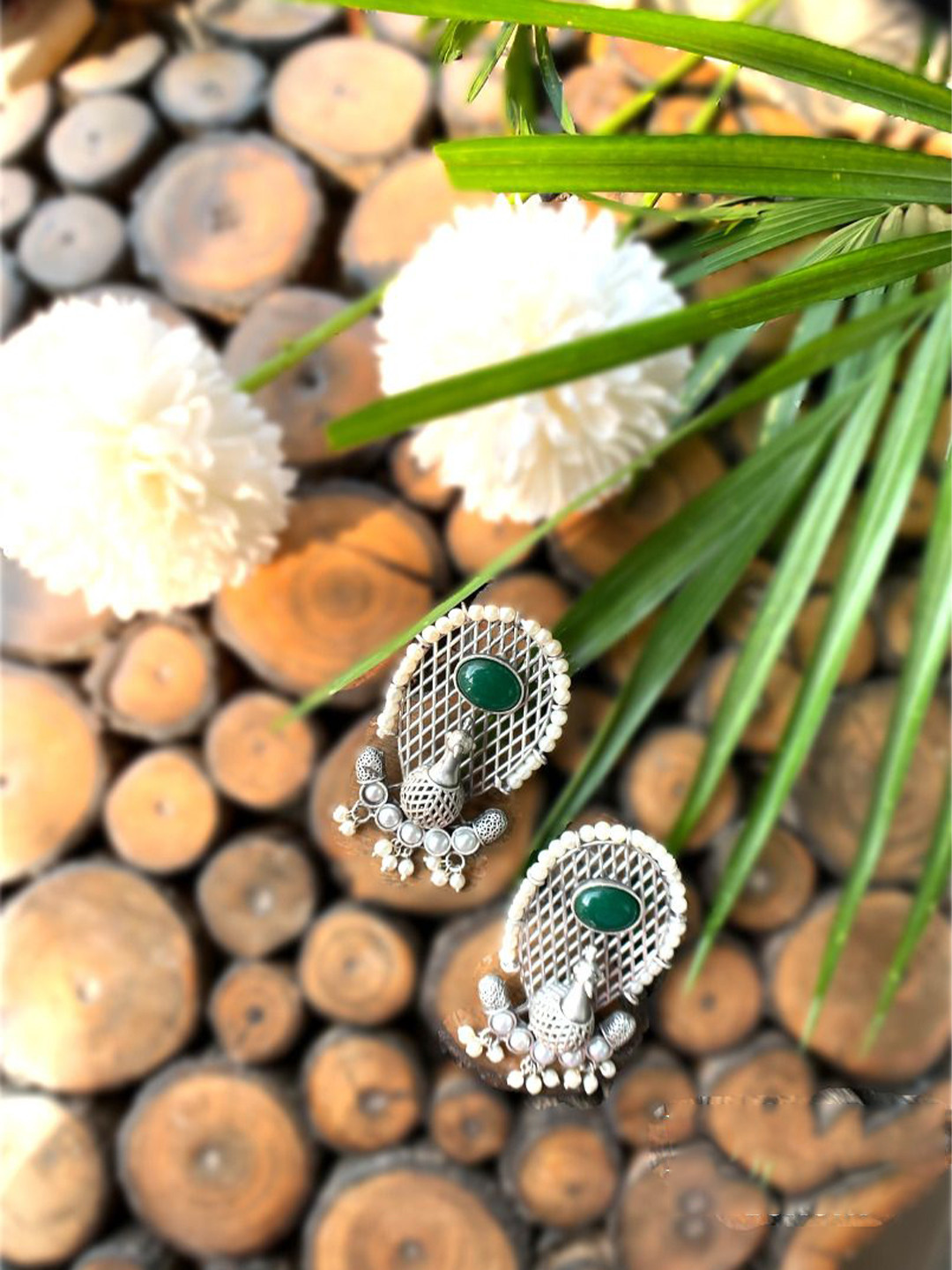 Poush Luxury Artificial Stones Studded & Beaded Oxidised Peacock Shaped Drop Earrings
