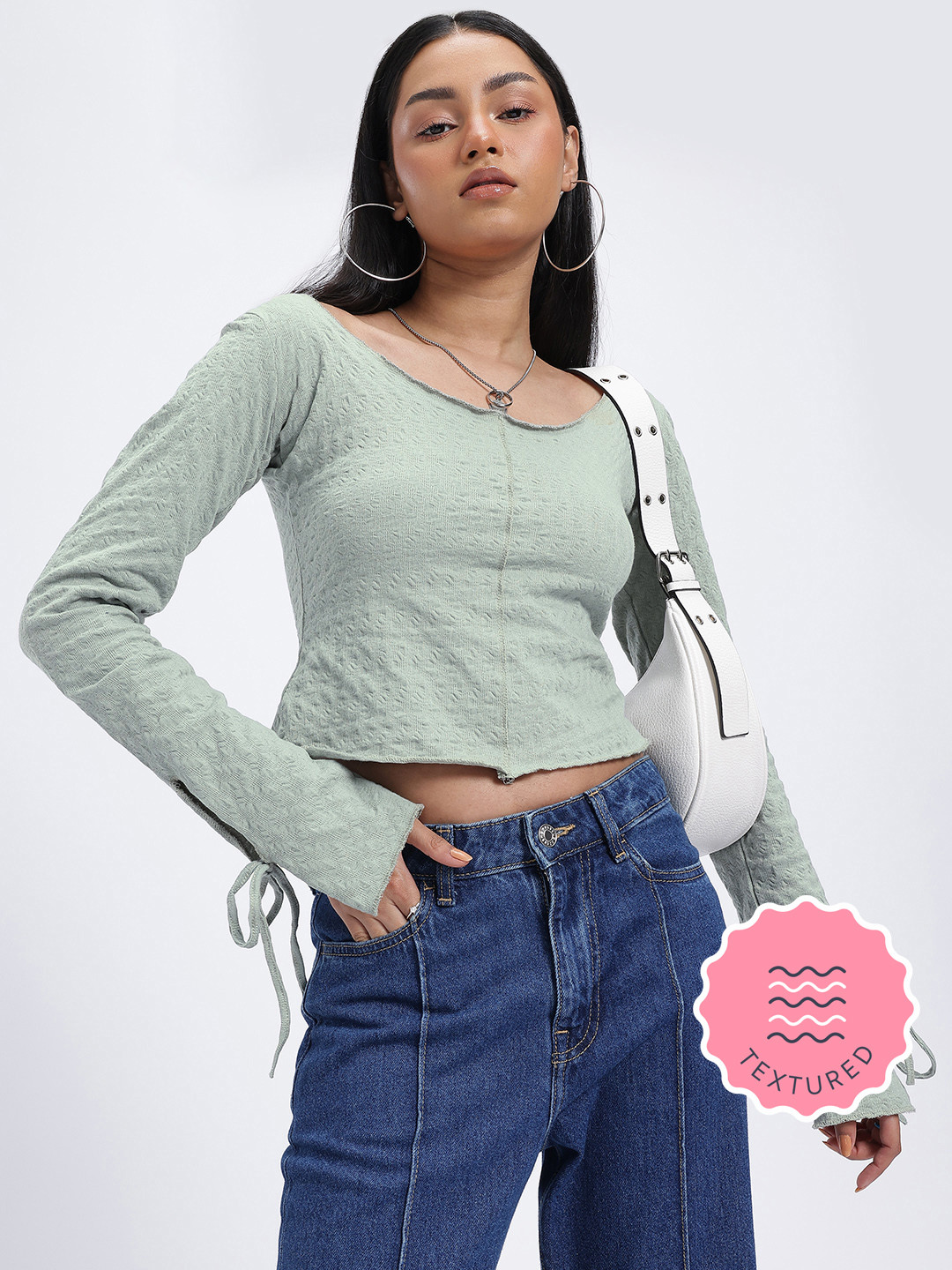 glitchez Textures Scoop Neck Long Sleeve Ties Top