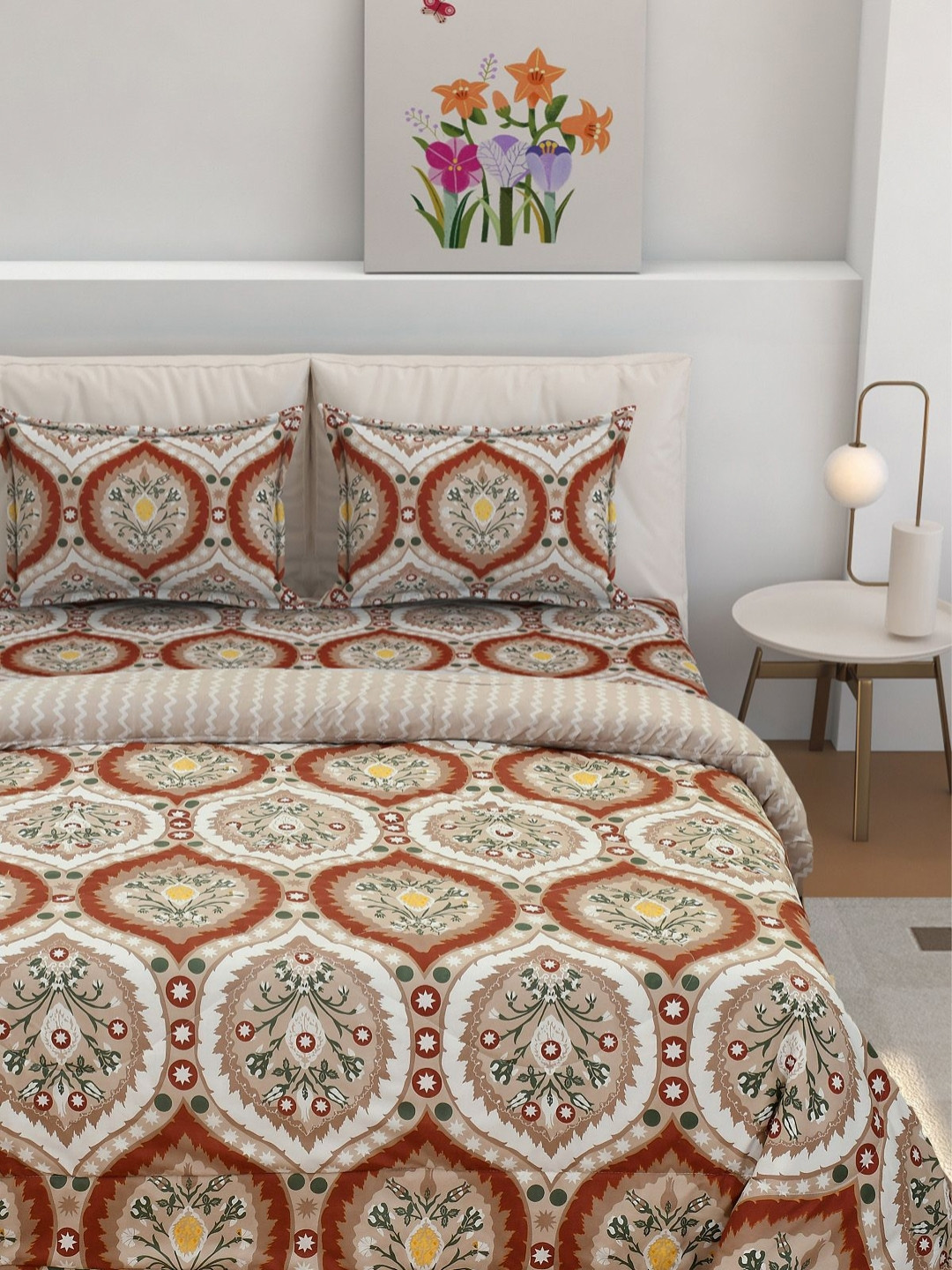 Florida Beige & Brown Floral AC Room 180 GSM Double Bed Comforter Set