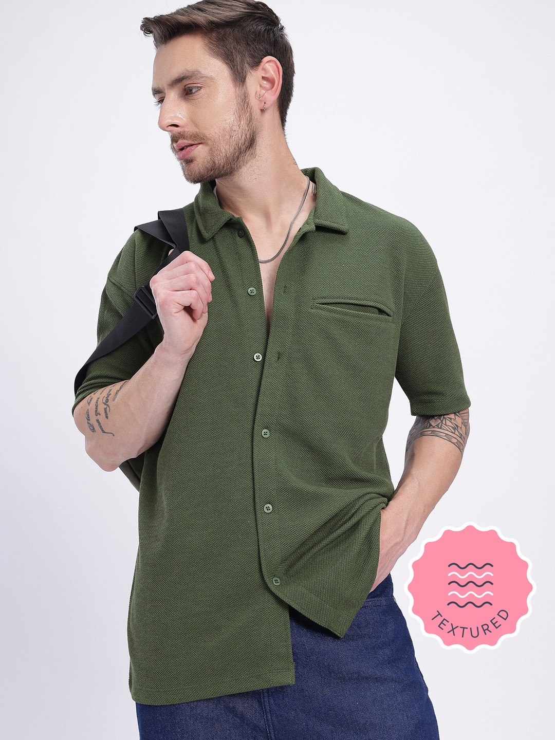 glitchez Triple Peak Knit Textured Relaxed Fit Shirt