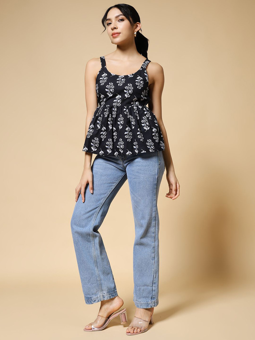 Womenster Floral Block Printed Cotton Peplum Top