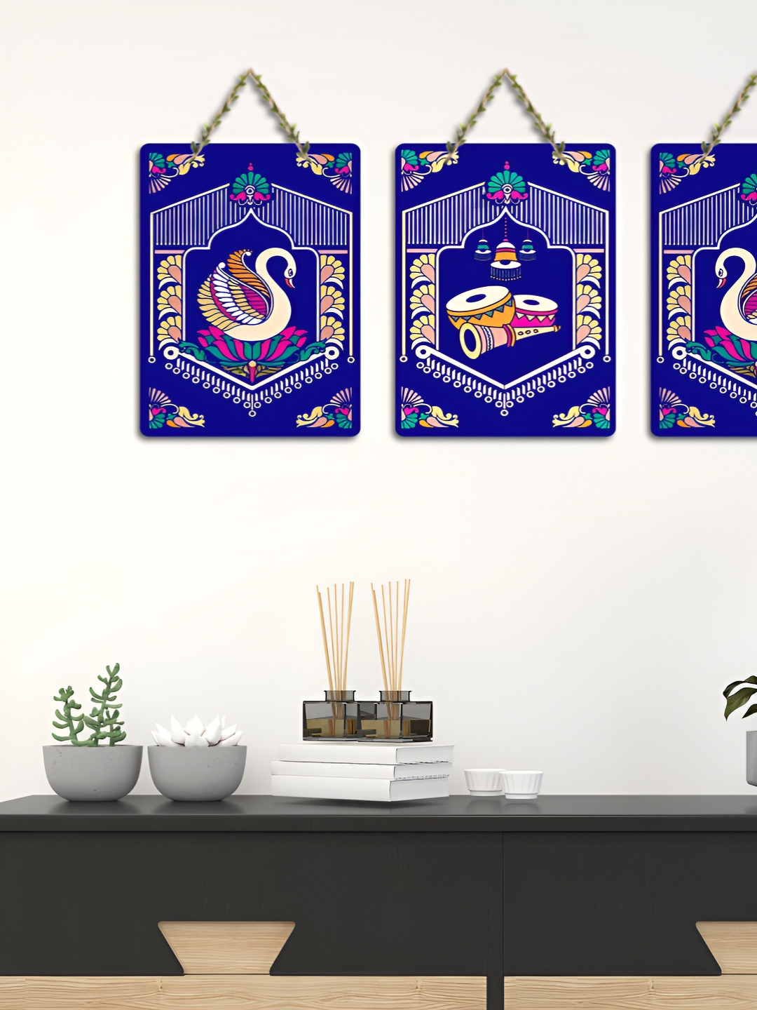 ArtVibes Blue & Beige 3 Pieces Tanjore Printed Wooden Wall Hanging Decors