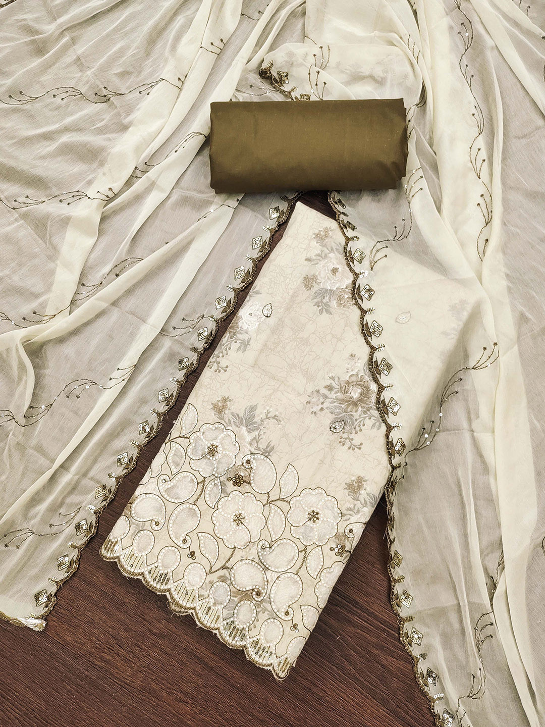 MANVAA Floral Embroidered Sequinned Cemric Cotton Unstitched Dress Material