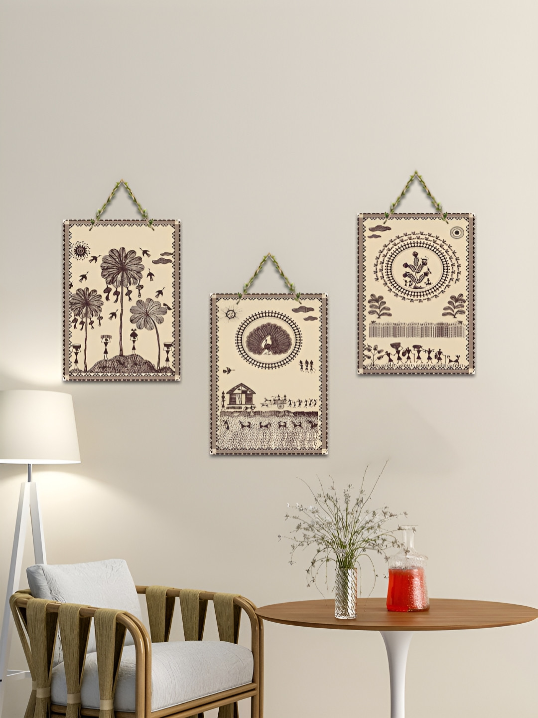 ArtVibes Beige & Brown 3 Pieces Rhythms of Rural Life Printed Wooden Wall Hanging Decors