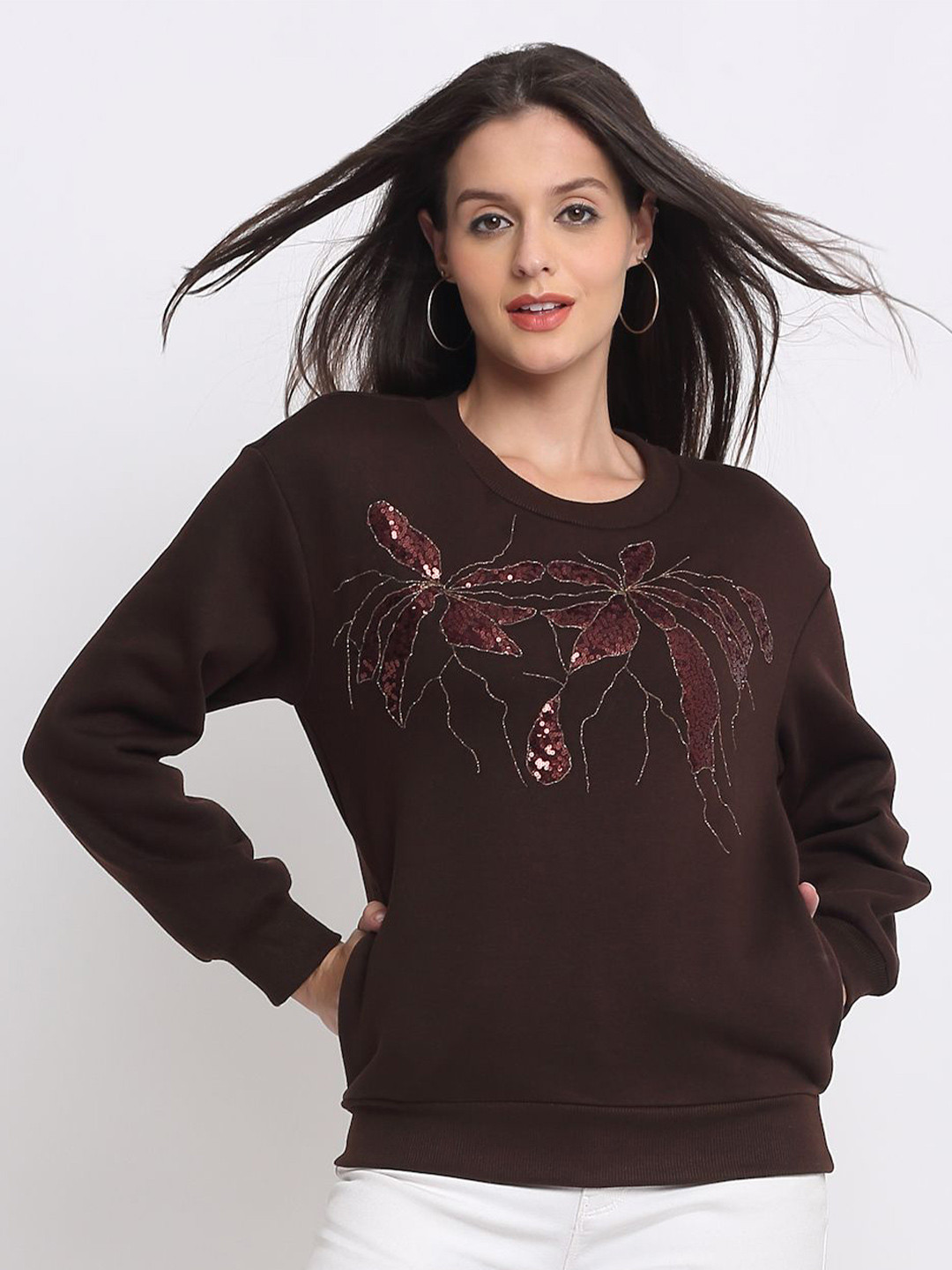 SHAYE Brown Round Neck Embroidered Long Sleeves Sweatshirts For Women