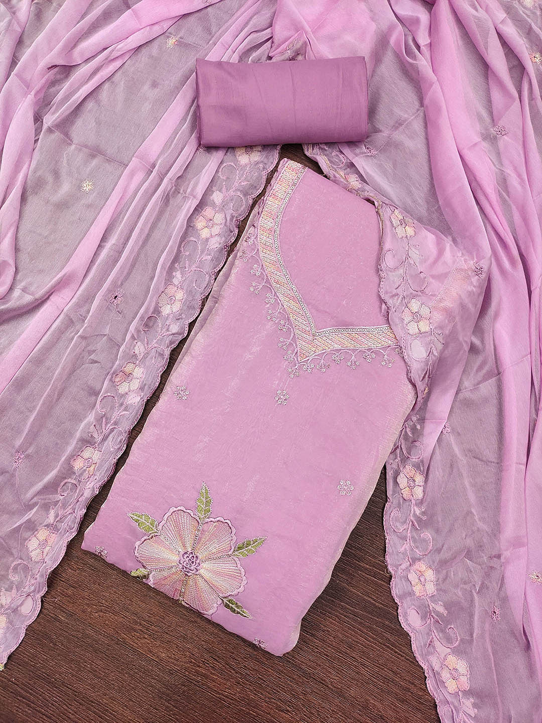 MANVAA Floral Embroidered Thread Work Sattin Unstitched Dress Material