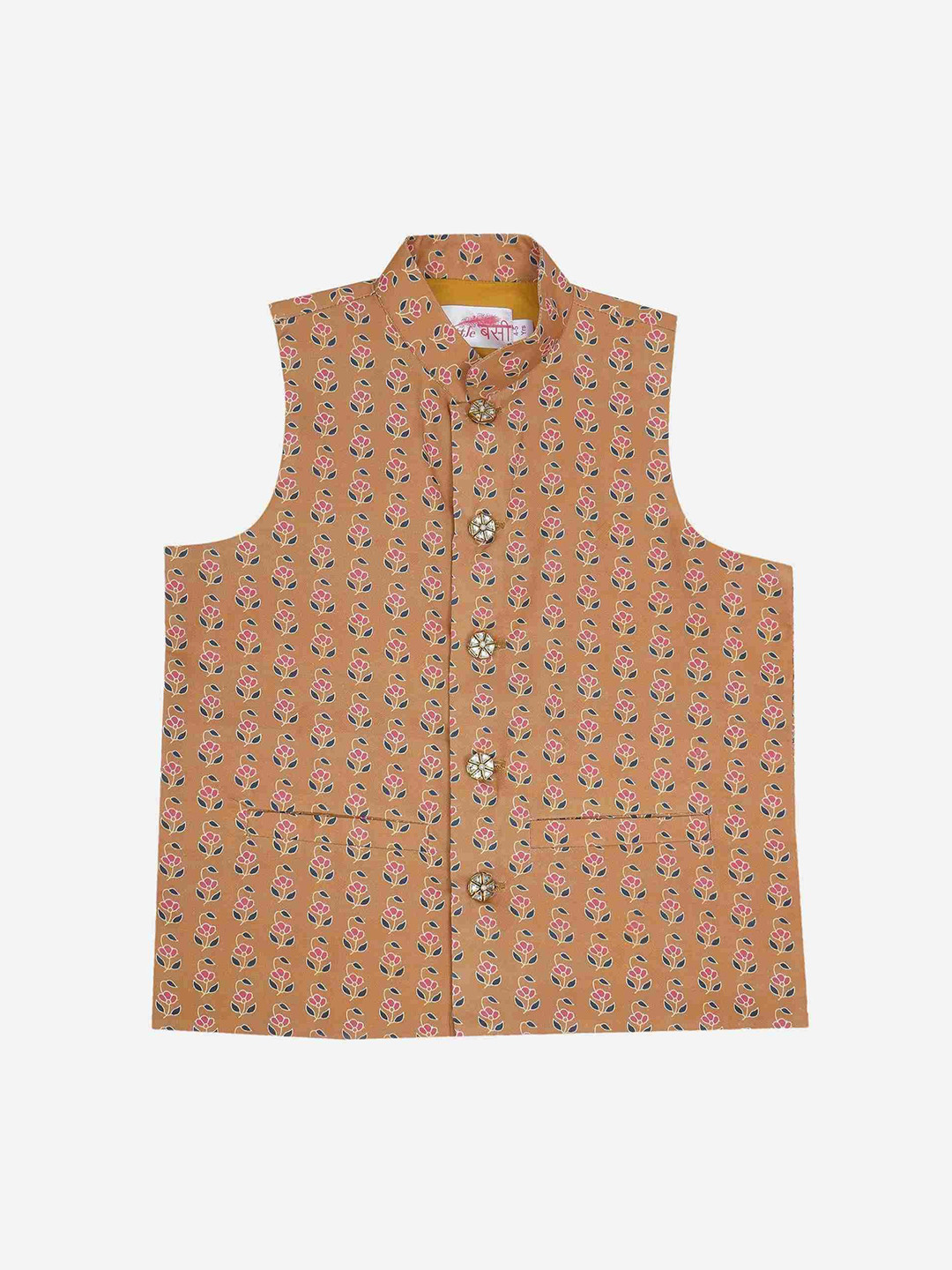 Little Bansi Boys Lotus Motif Printed Cotton Nehru Jacket