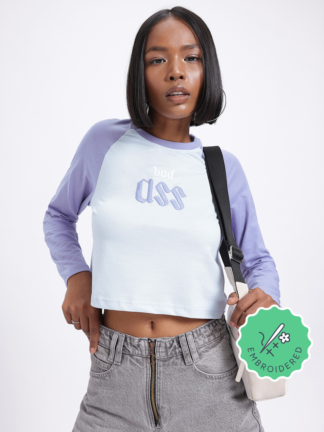 glitchez Embroidery Raglan Sleeve Crop T-shirt