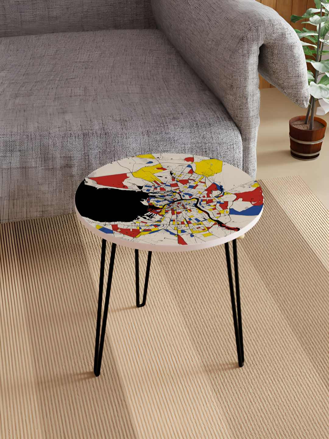 Jumig White & Black Printed Wooden & Metal Round Coffee Table