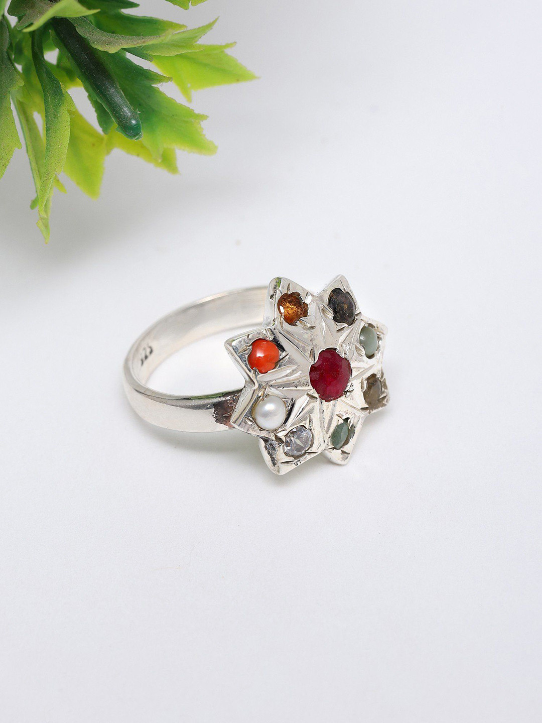 Exotic India 925 Sterling Silver Star Shape Navaratna Finger Ring