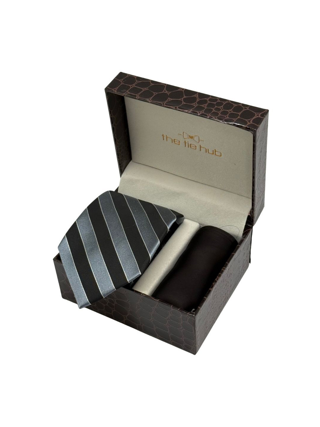 The Tie Hub Men Accessory Gift Set of Silk Necktie with Brown Pocket Square