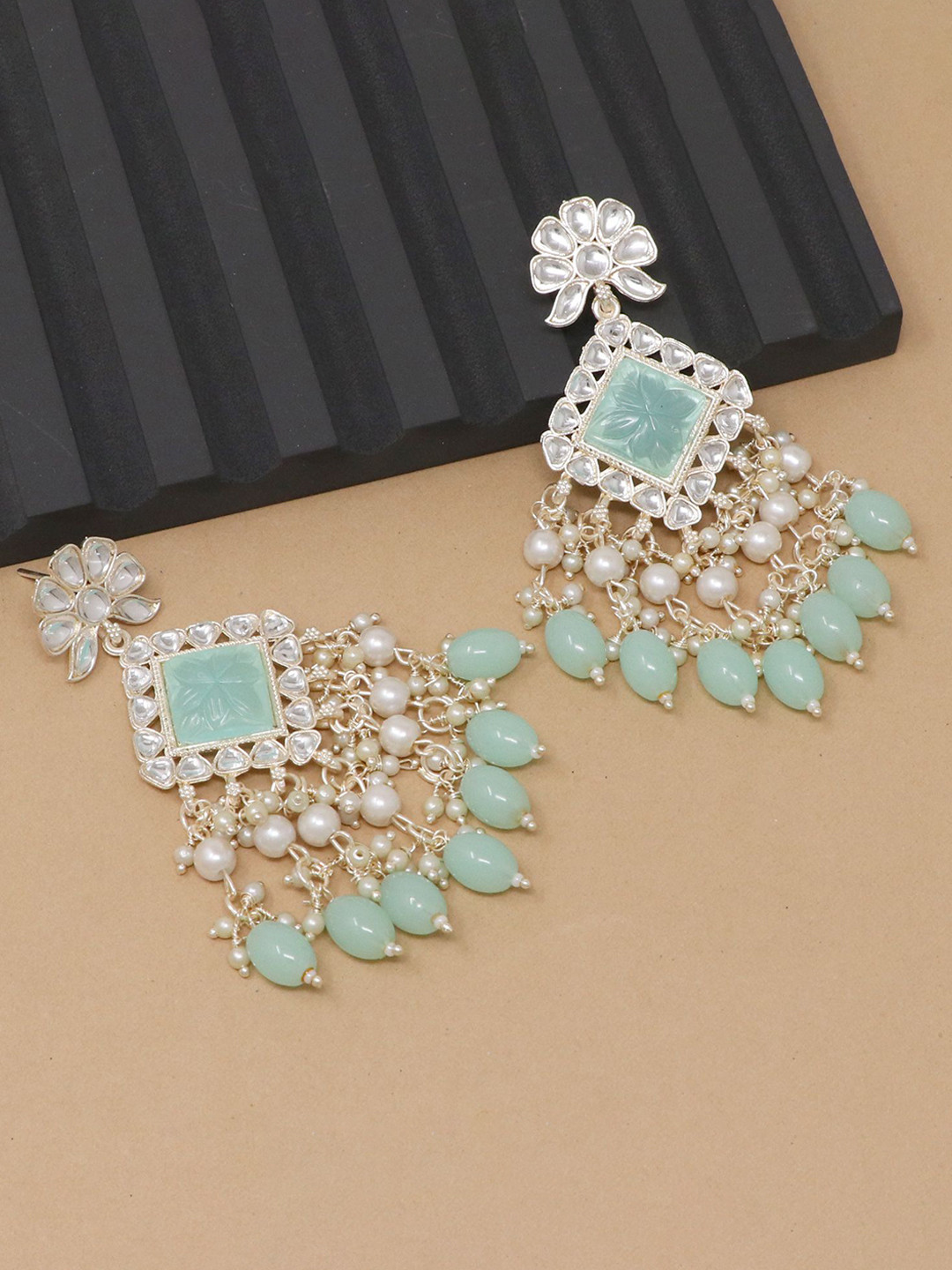 CAPILITE Jewellers Silver Plated Kundan Studded & Pearls Beaded Diamond Drop Earrings