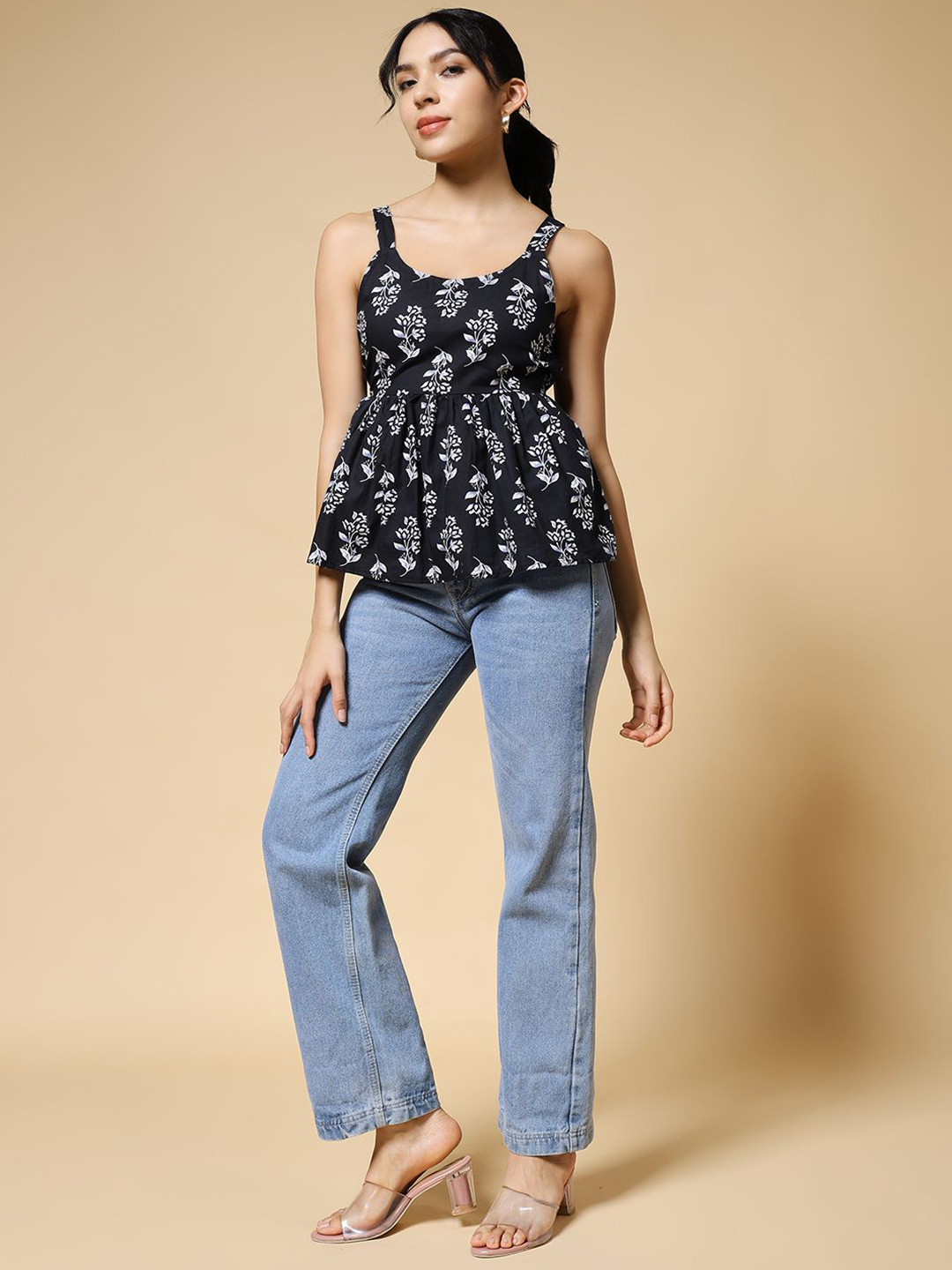 Istyle Can Women Floral Buti Block Printed Scoop Neck Cotton Peplum Top