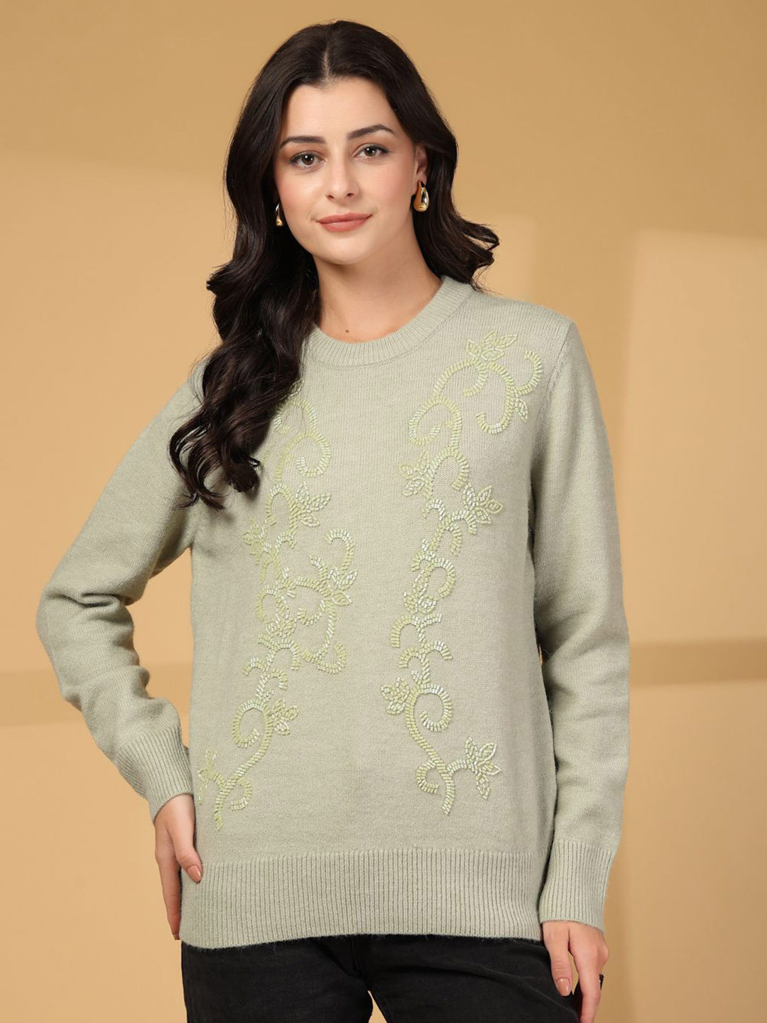 Mafadeny Women's Elegant Floral Embellished Sweater