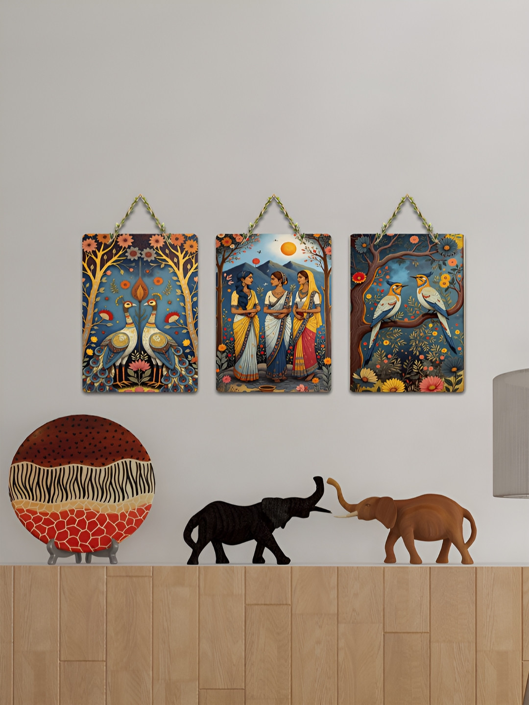 ArtVibes Blue & Yellow 3 Pieces Folk Rhythms of Nature Printed Wooden Wall Hanging Decors