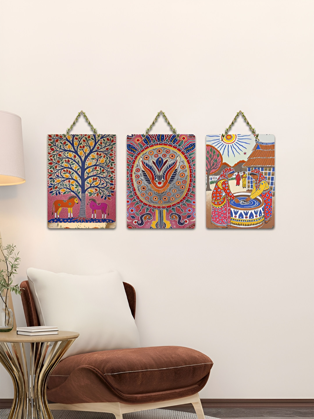 ArtVibes 3-Pcs Pink & Navy Blue Printed Wooden Wall Hanging Decor