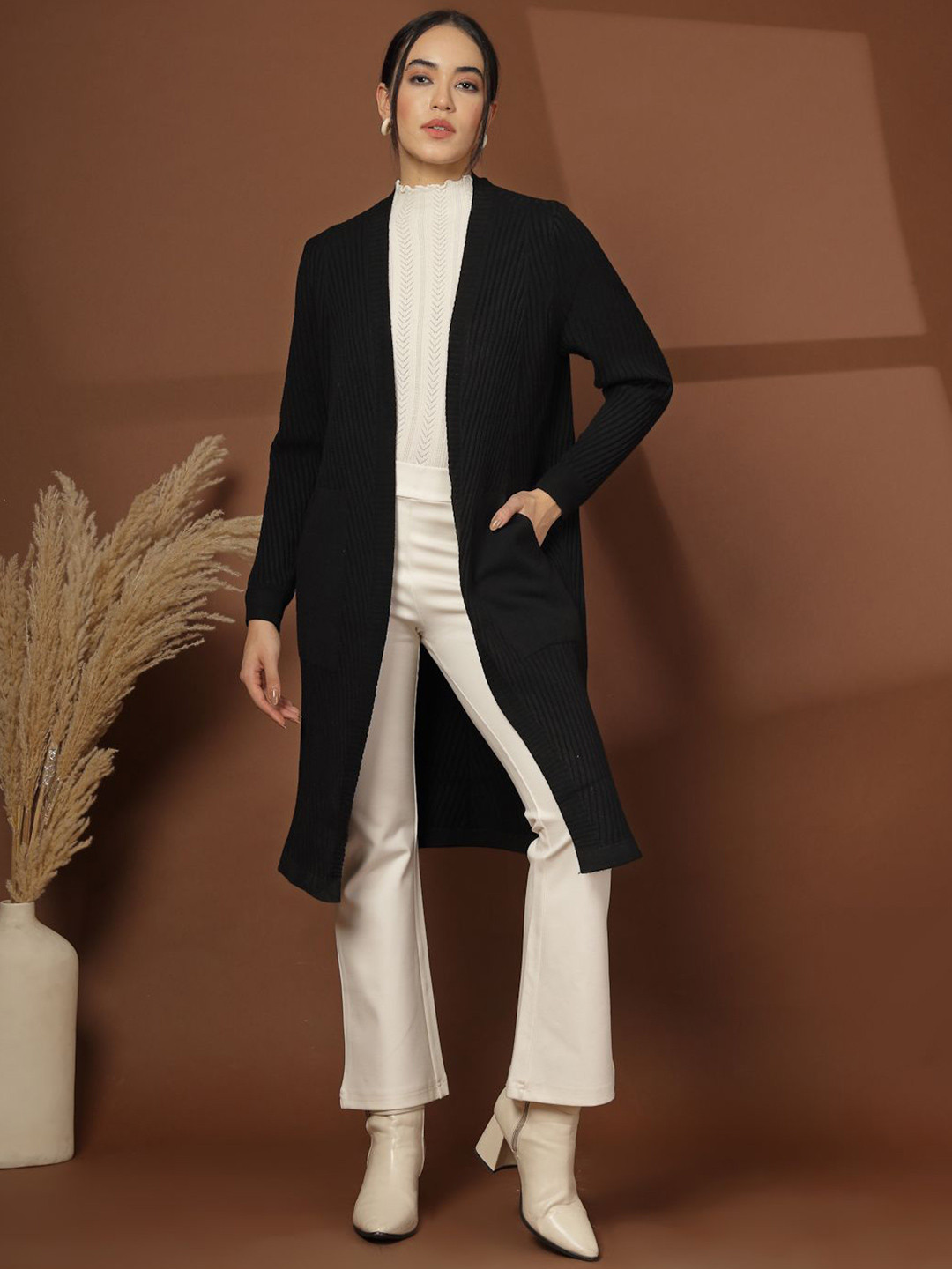 Mafadeny Women's Striped Open Front Shrug with Pockets