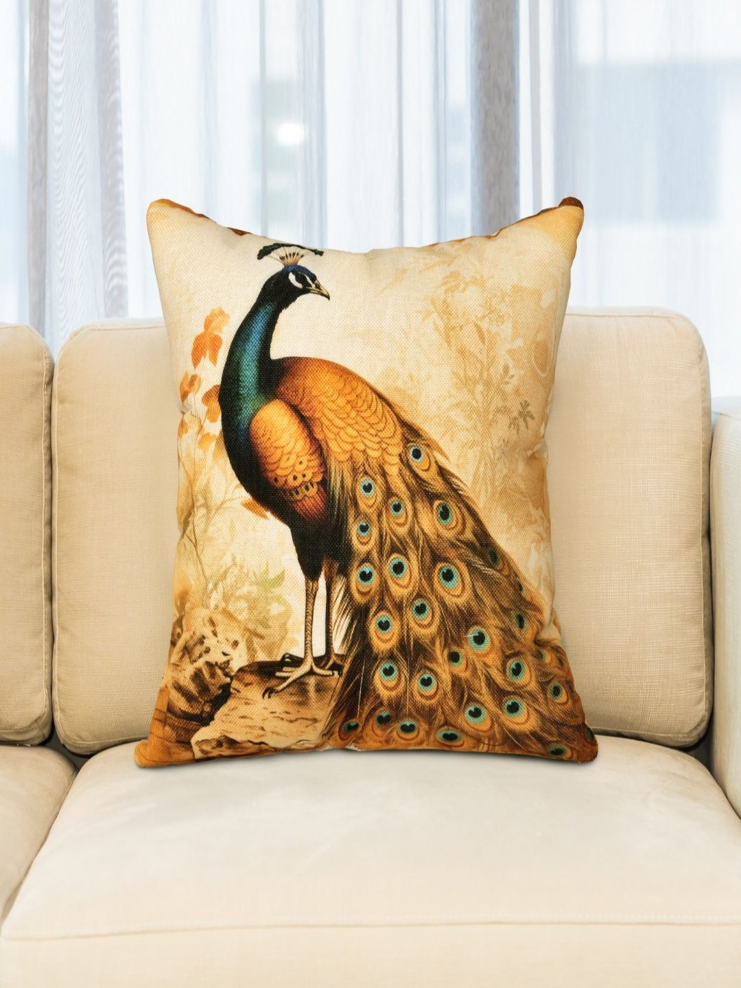 JAIPUR FABRIC Ethnic Beige & Yellow Peacock Printed Jute Square Cushion Cover