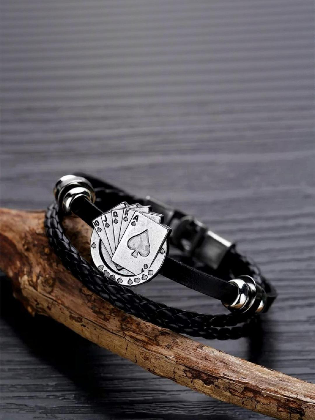 Black Leather Multi Strand Poker Full House Cards Wristband Bracelet For Men