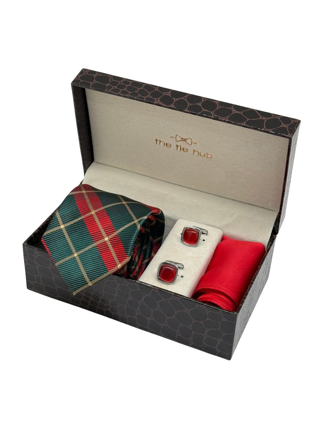 The Tie Hub Men Pack Of 3 Check Necktie WithEnamel Cufflinks & Pocket Square