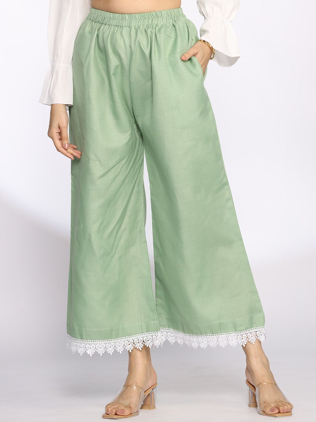 LetsDressUp Women Sage Green CottonSlub Laced Palazzo