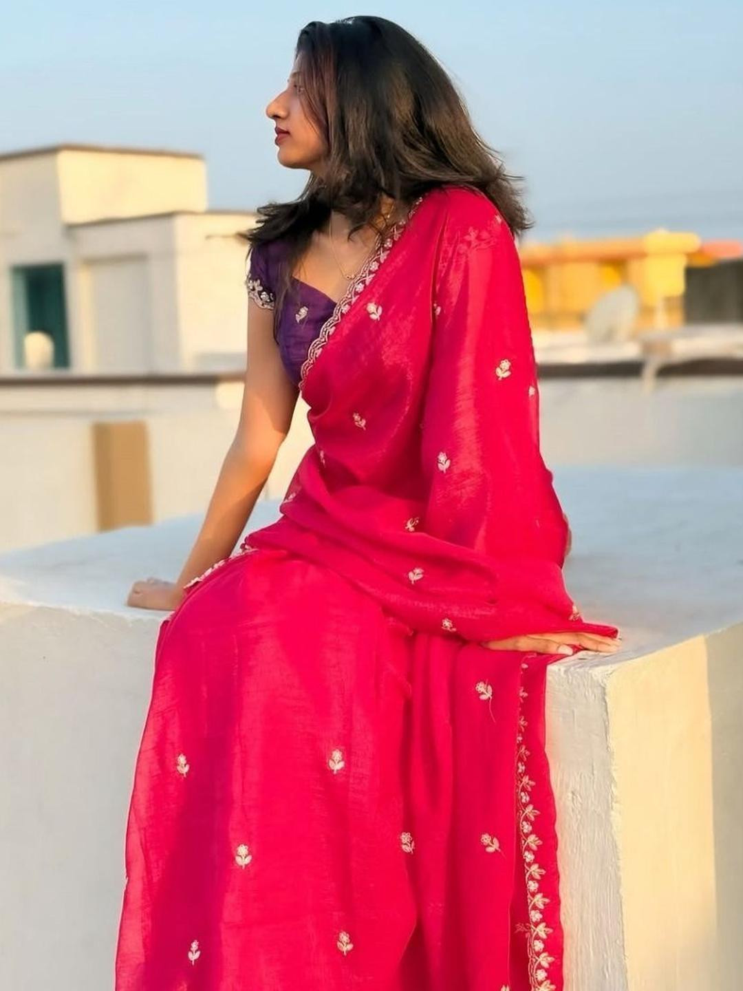 A.G.M.G FASHION Ethnic Motifs Beads and Stones Pure Chiffon Saree