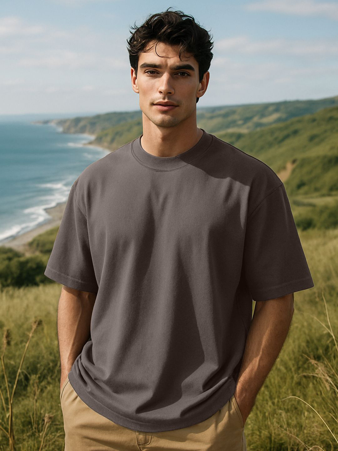 NOBERO Men Solid Round Neck Oversized T-shirt